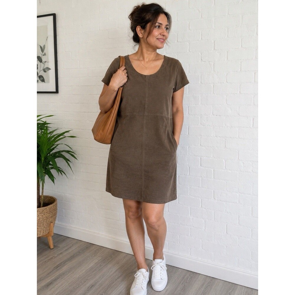 SEN Women's Size S Brown Olive 100% Goat Suede Leather Short Sleeve Shift Dress⁠
